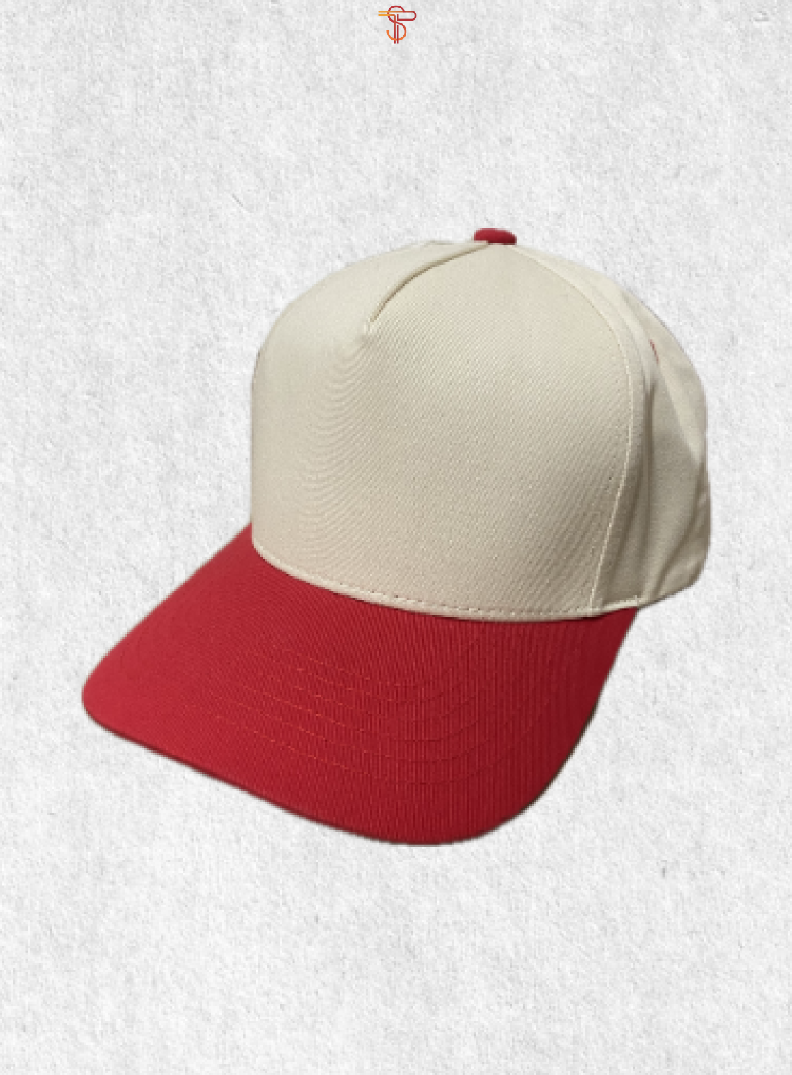 Red and beige baseball cap