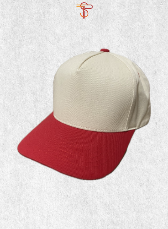 Red and beige baseball cap