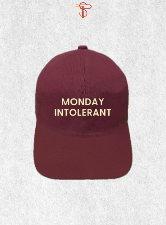 Burgundy baseball cap with printed letters